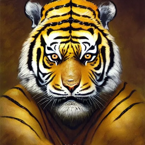 Image similar to head and shoulders portrait of a tiger rakshasa, d & d, fantasy, greg rutkowski, frank frazetta, alexandre chaudret, boris vallejo, michael whelan, miro petrov, hr giger, magali villeneuve, donato giancola