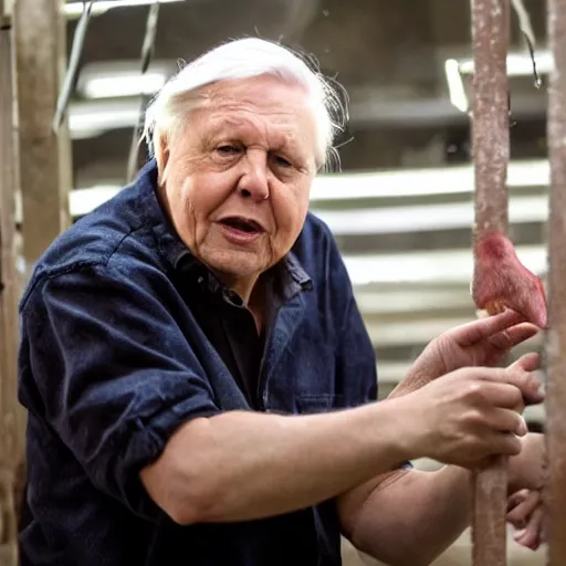 Prompt: david attenborough working in a slaughter house