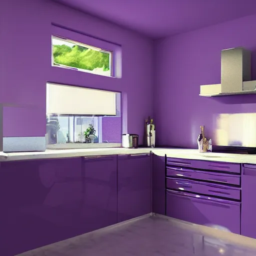 Image similar to Full modern kitchen, purple furniture, star wallpaper, digital Painting, ultradetailed, artstation, oil Painting, ultradetailed, artstation