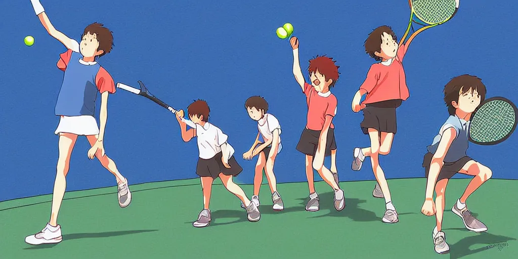 Prompt: digital art of anatomically correct kids playing tennis by studio ghibli