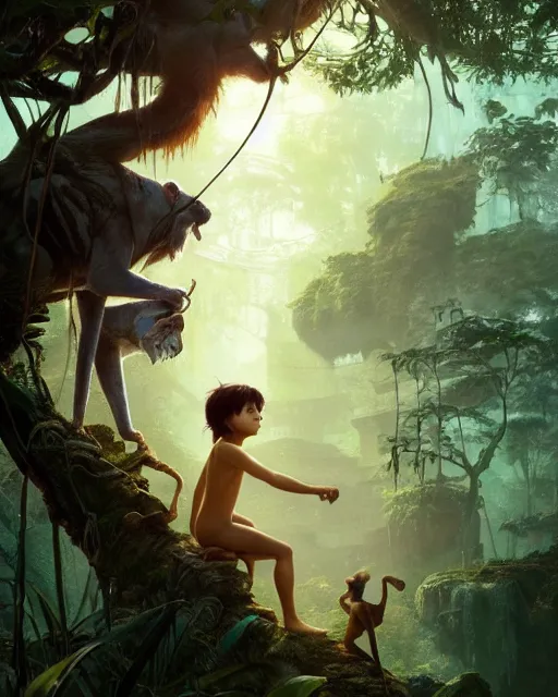 Image similar to still from the jungle book if made by krenz cushart and wenjun lin, portrait, illustration, rim light, top light, summer clear blue sky, perfectly shaded, soft painting, epic, intricate, art