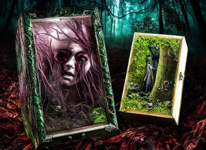 Image similar to photo of a crystal box with horrors inside in the forest. Fantasy horror style. Highly detailed 8k. Intricate. Nikon d850 55mm. Award winning photography.