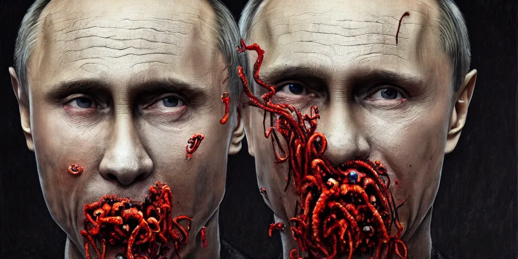 Prompt: highly detailed surreal portrait of vladimir putin's face is eaten by worms, in the background an army of zombies with their mouths sewn shut with wire in the shape of the letter z, style of greg rutkowski and ralph horsley, photorealistic, hyperdetailed, matt painting, digital art, non blurry, sharp, artstation, concept art, smooth, illustration