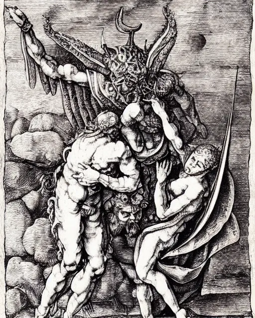 Image similar to devil fights angel, high detail, extremely detailed, very sharp, in the style of albrecht durer,