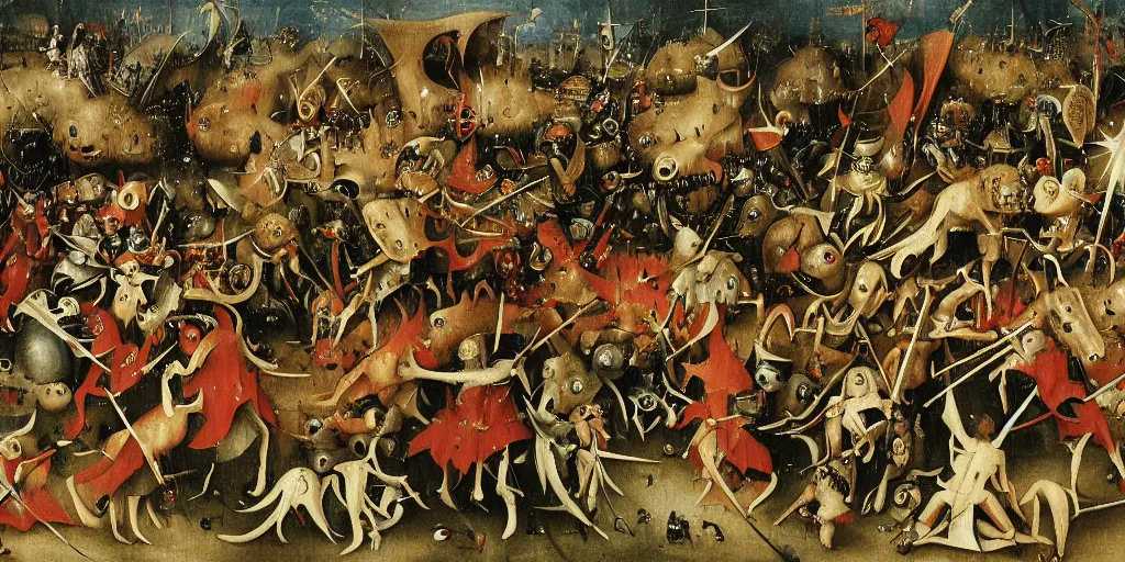 Image similar to a fantasy monster fighting an army of knights as drawn by hieronymus bosch, oil painting, highly detailed