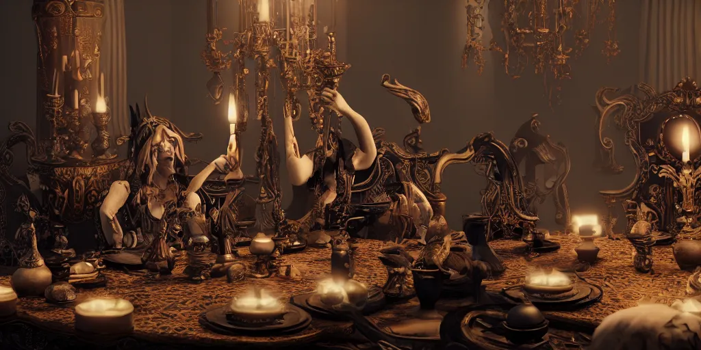 Image similar to dark witches sitting at a table doing a ritual. Ornate details, award winning. Octane render, 4k, 8k, unreal 5, very detailed, hyper control-realism, trending on artstation.”