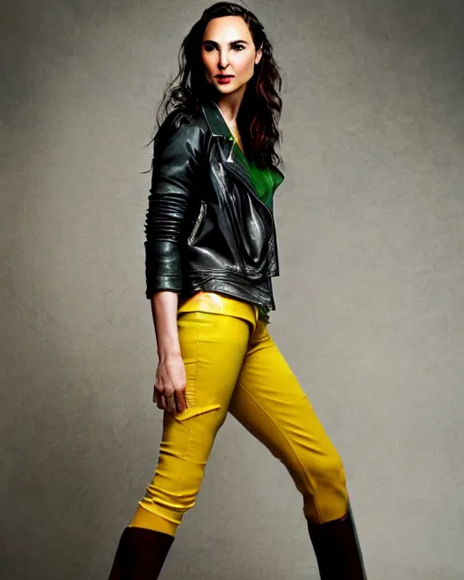 Image similar to photos of gal gadot wearing a yellow leather jacket, green cargo pants, a red silk blouse, and baseball cap on her head, photoshoot in the style of annie leibovitz, photorealistic, soft focus, bokeh