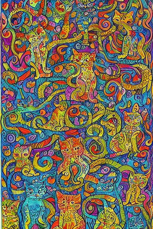 Image similar to Psychedelic cats in the style of Louis Wain