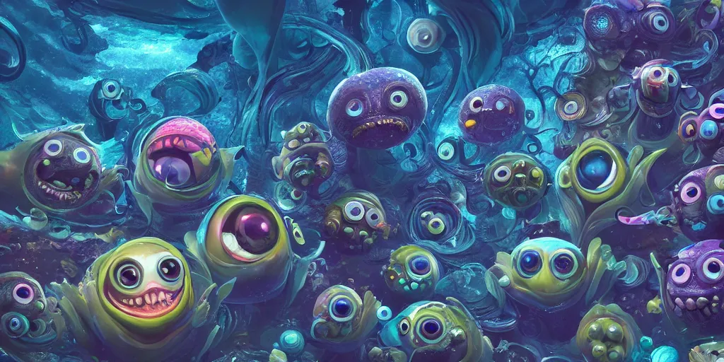 Image similar to of an intricate deep sea with strange cute friendly happy creatures with huge eyes, long tongue, round teeth and goofy funny face, appearing from the background, in the style of gehry and gaudi, macro lens, shallow depth of field, ultra detailed, digital painting, trending artstation, concept art, illustration, cinematic lighting, photorealism, epic, octane render