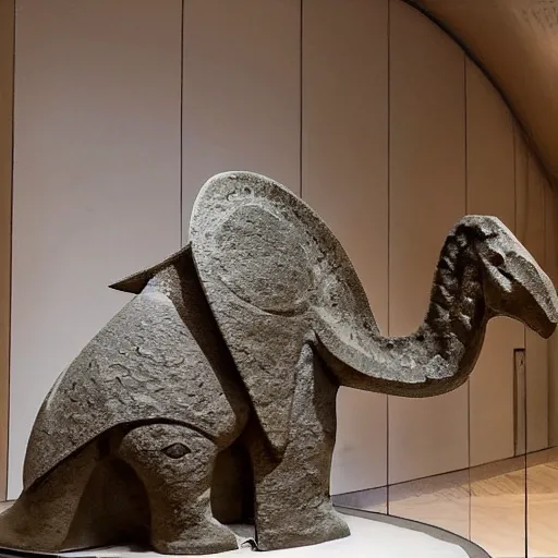 Prompt: ancient Irish, photo of stone carved statue of a dinosaur, romanesque style, in a museum room