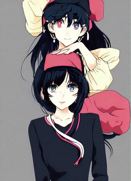 Image similar to key anime visual of a beautiful girl wearing a beige beret and blue shirt; long black hair; in the artstyle of Persona, Persona video game art