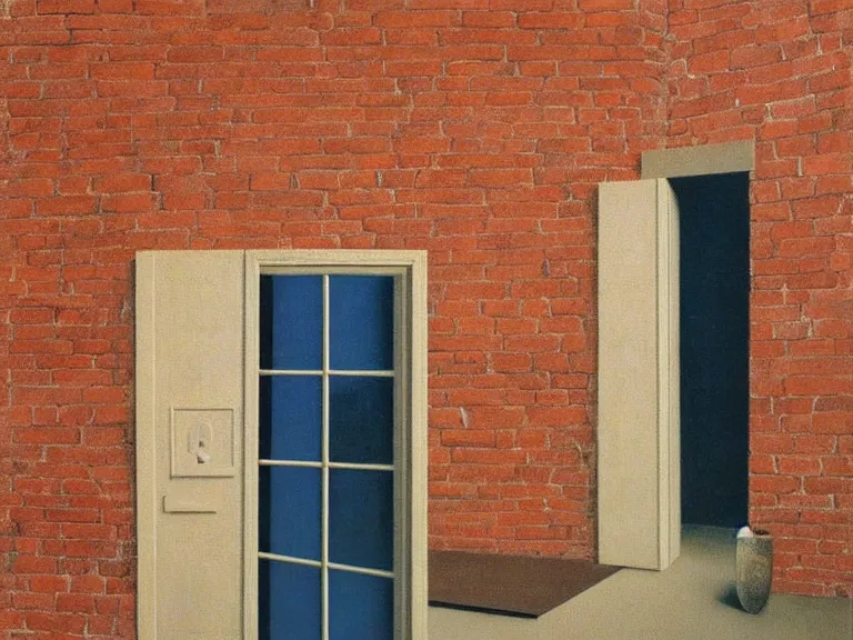 Prompt: an open door to nothingness in brick wall, painting by rene magritte, high detail!!, high resolution!!