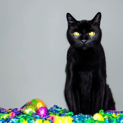 Prompt: a high - quality photo of a black cat with ( ( rainbow ) ) glitter, highly detailed, photorealistic, f 2. 8, in - frame, sharpened