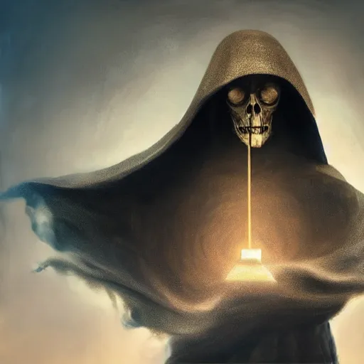 Image similar to menacing grim reaper portrait, showing a sand clock running out of time, mysterious atmospheric lighting, painted, intricate, volumetric lighting, beautiful, rich deep colours masterpiece, golden hour, sharp focus, ultra detailed, by leesha hannigan, ross tran, thierry doizon, kai carpenter, ignacio fernandez rios