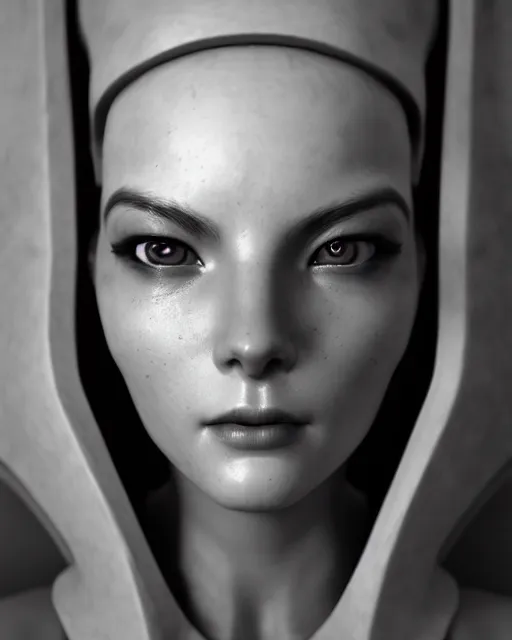 Image similar to dreamy, monochrome, subsurface scattering, white, cyborg goddess in cosmos, black and white, octane render, photo - realistic, cgsociety, justin gerard, highly detailed, rim light, art, cinematic lighting, very coherent, hyper realism, 8 k