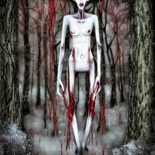 Prompt: horrifying digital art of a blood soaked skinwalker, lanky, skinny, pale skin, snow, forest, dark, horrifying