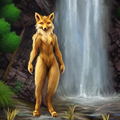 Prompt: fantasy furry art of a noble anthro!!! werefox standing in front of a waterfall, photorealistic, award winning, FurAffinity