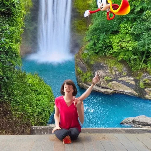 Prompt: chloe swarbrick enjoying a chilli dog with sonic the hedgehog by a serene waterfall