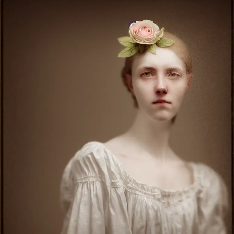 Prompt: hight focus f - 2 2, 8 5 mm, iso 1 0 0 : a wonderful realistic focused face portrait of a lonely woman with a detailed wonderful symmetrical face who is dressed with a wonderful, majestic, large semi transparent white cotton dress ornate with semi transparent cotton roses, no arms visible, dramatic light, octane render, by roberto ferri style