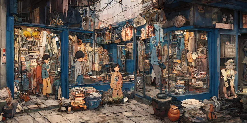 Prompt: a film still from Tekkonkinkreet by Ian McQue, dark blue interior of vintage collectables store, the shop window looks out onto narrow market alley of dusty favela city street, intimate, vibrant, 50mm lens, video game character and environment design, 2d game lineart behance hd, studio, dramatic lighting, cinematic, global illumination, trending on Artstation, bloom