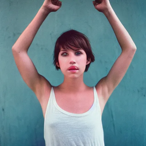 Image similar to razorfree beautiful young woman, short hair, tank top, arms raised above her head, cottagexore, portrait photography, portra 800