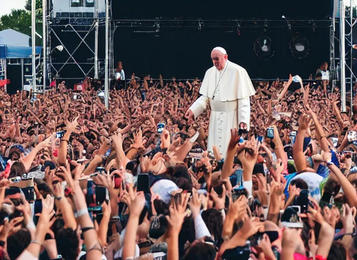 Image similar to photo still of pope francis at the vans warped tour!!!!!!!! at age 3 6 years old 3 6 years of age!!!!!!!! stage diving into the crowd, 8 k, 8 5 mm f 1. 8, studio lighting, rim light, right side key light