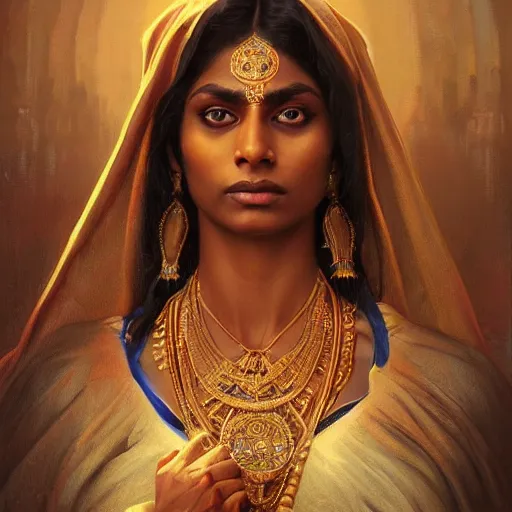 Prompt: portrait painting of dark muscular indian royal woman, ultra realistic, concept art, intricate details, eerie, highly detailed, photorealistic, octane render, 8 k, unreal engine. art by artgerm and greg rutkowski and alphonse mucha
