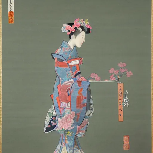 Prompt: a elegant japanese robot with fluo color detail, and muted arm colors, on top of dutch master painting of flowers