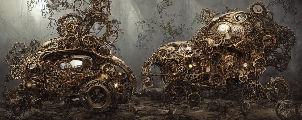 Image similar to biomechanical shiny steampunk vehicle reminiscent of bugatti chiron with (glowing) lights and octopus tentacles parked in ancient mystic woods, gothic and baroque, brutalist architecture, ultradetailed, creepy ambiance, fog, artgerm, giger, Intricate by Ellen Jewett and Josan Gonzalez and Giuseppe Arcimboldo