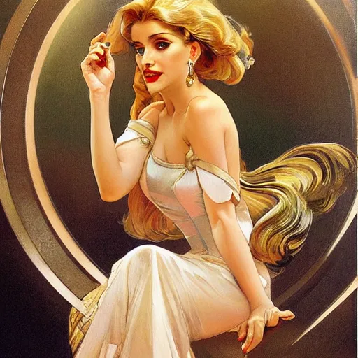 Prompt: painting of a glamorous blonde opera singer performing, highly realistic painting, art by artgerm and greg rutkowski and alphonse mucha, boris vallejo