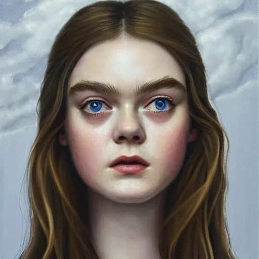 Prompt: professional painting of Elle Fanning in the style of Lee Madgwick, head and shoulders portrait, symmetrical facial features, smooth, sharp focus, illustration, intricate, stormy weather, extremely detailed masterpiece,