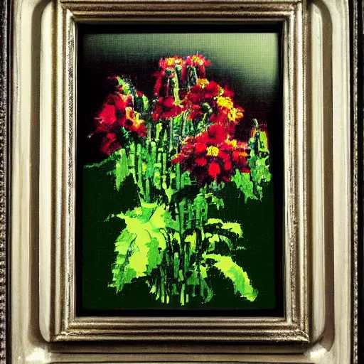 Image similar to a 8bit screen showcasing a photo of flowers, covered in oil painting, by phil hale