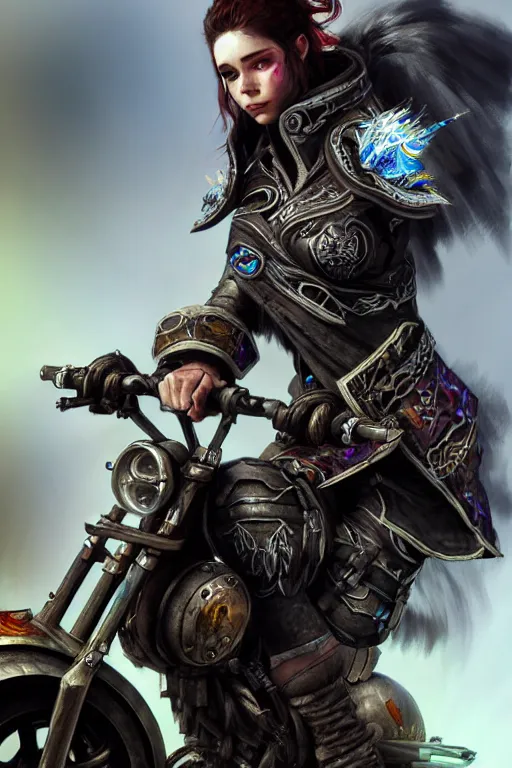 Prompt: Eir Stegalkin on a motorcycle of Guild Wars 2, concept art, close-up, digital art, hyper-realistic, highly detailed