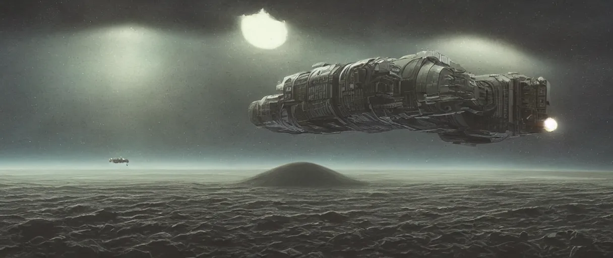 Image similar to illustration, a single small spaceship, deep space exploration, alone, the expanse tv series, industrial design, space travel, intergalactic, cinematic lighting, 4k, greebles, widescreen, wide angle, sharp and blocky shapes, beksinski