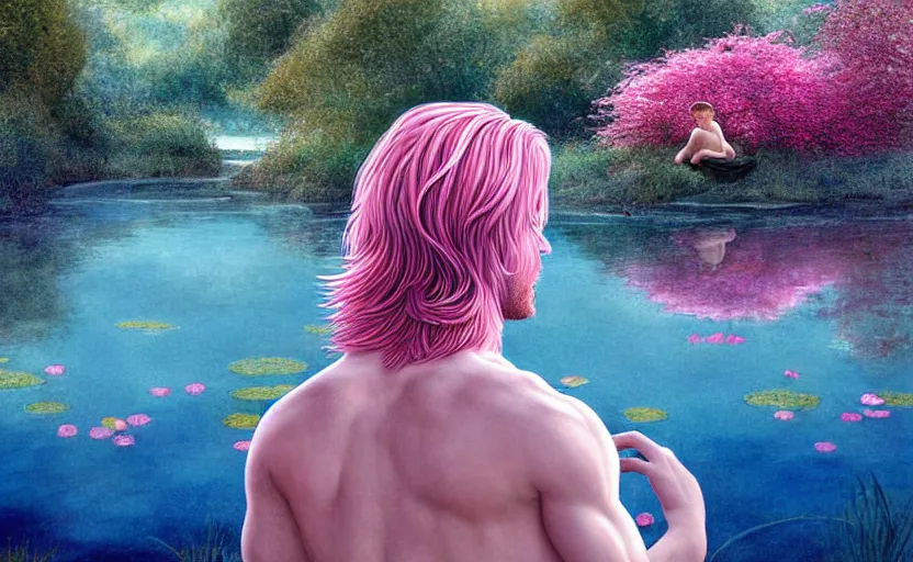 Prompt: harmony of pink haired merman backlit staring at black haired young man from across a pond, love at first sight, by alan lee, muted colors, springtime, colorful flowers & foliage in full bloom, sunlight filtering through trees & skin, digital art, art station cfg _ scale 9