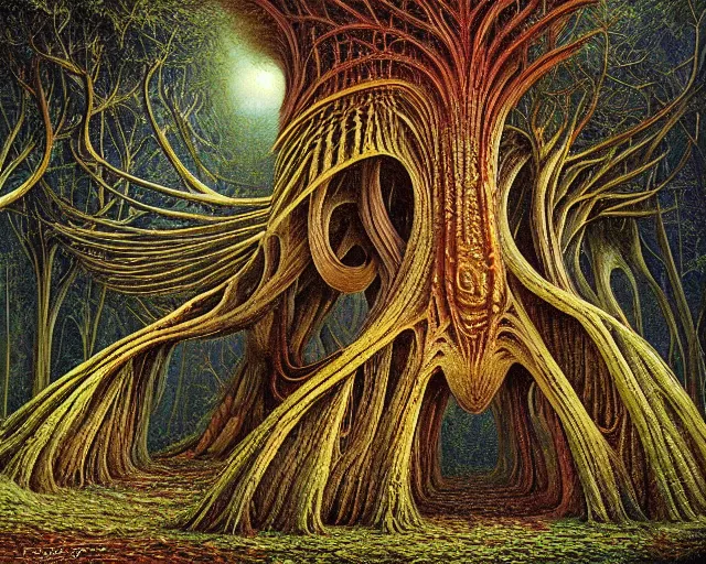 Image similar to fractal acid trip forest by vladimir kush and giger