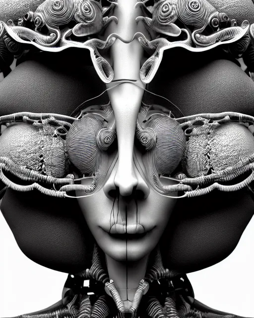 Prompt: mythical black and white organic biomechanical spinal ribbed face portrait detail of mechanical beautiful female vegetal-cyborg, highly detailed, intricate ornate, poetic, 3D render, digital art, octane render, 8K artistic photography, photo-realistic, by Man Ray