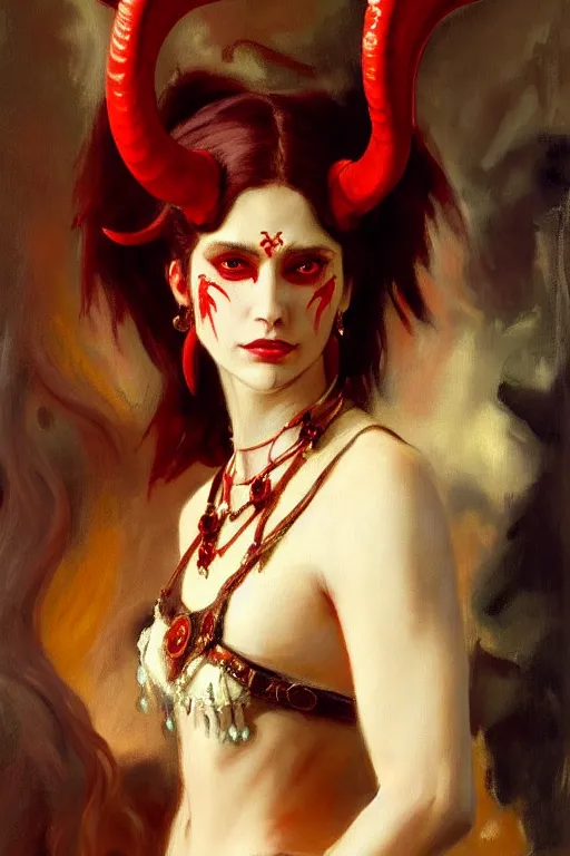 Image similar to painted close - up portrait of a attractive red - skinned intimidating demon girl with ram horns! oil painting, wearing a noblewoman's outfit, fantasy art by john singer sargent and gaston bussiere, and guillermo del toro, demon noble character design, hd