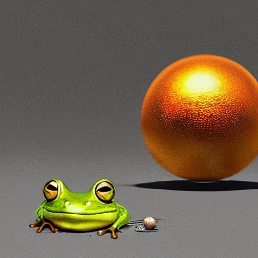 Image similar to ground level wide angle shot of a cute frog bowling with a golden metal ball, concept art, by esao andrews, by m. w. kaluta, by pixar, volumetric light, rich colors, very humorous!!!, realistic reflections, smooth, depth perception, shallow depth of field, 4 k, unreal engine 5, artstation