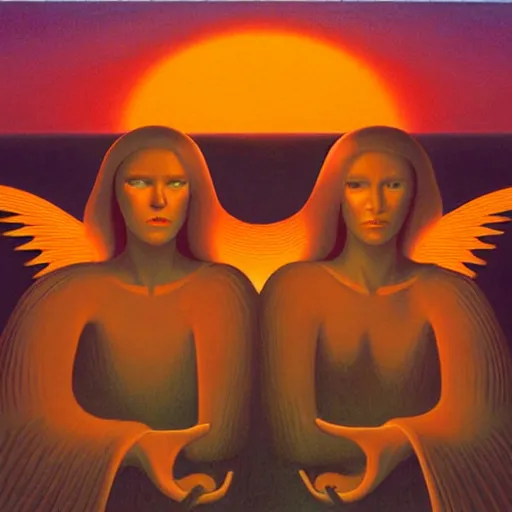 Image similar to Soul eating angels satisfy their hunger, light illumination at sunset, by George Tooker height 768