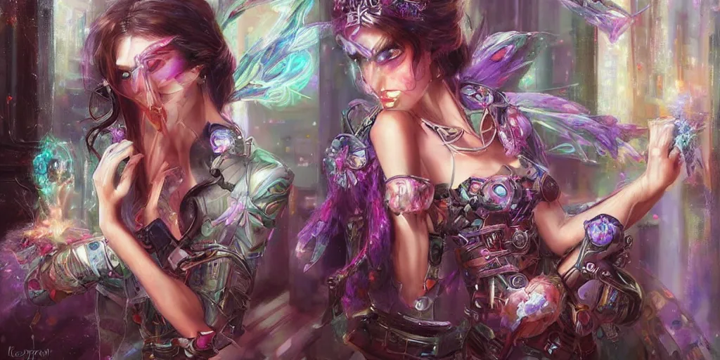 Image similar to cyberpunk fairycore. By Konstantin Razumov, highly detailed