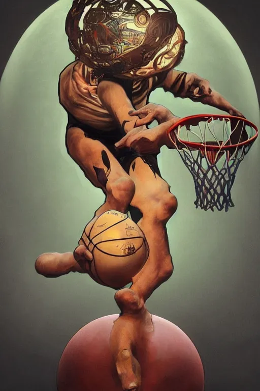 Prompt: surreal 4k HD digital full body portrait of humanoid basketball, white hair mohawk, black paper, b-ball monster, arms and legs on spherical humanoid creature, basketball pustules, by Alphonse Mucha, Craig Mullins, Marc Simonetti, Artstation