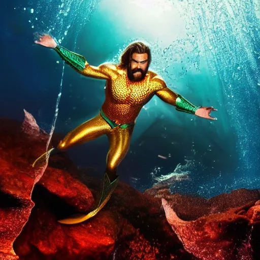 Prompt: aquaman in emotional movement, underwater photography and light scattering, water refractions turned out impressive imho,