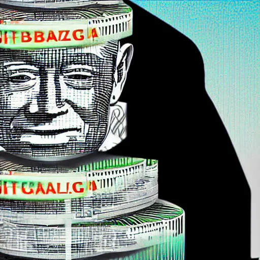 Prompt: digital art of jeff bezos cackling on top of a pillar of money