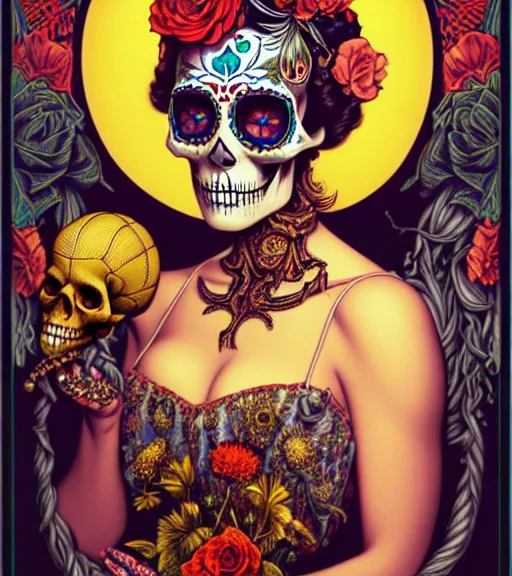 Image similar to a beautiful fancy skull lady by dan mumford and gil elvgren, folklorico, tarot, sugar skull, hyperrealism, intricate details