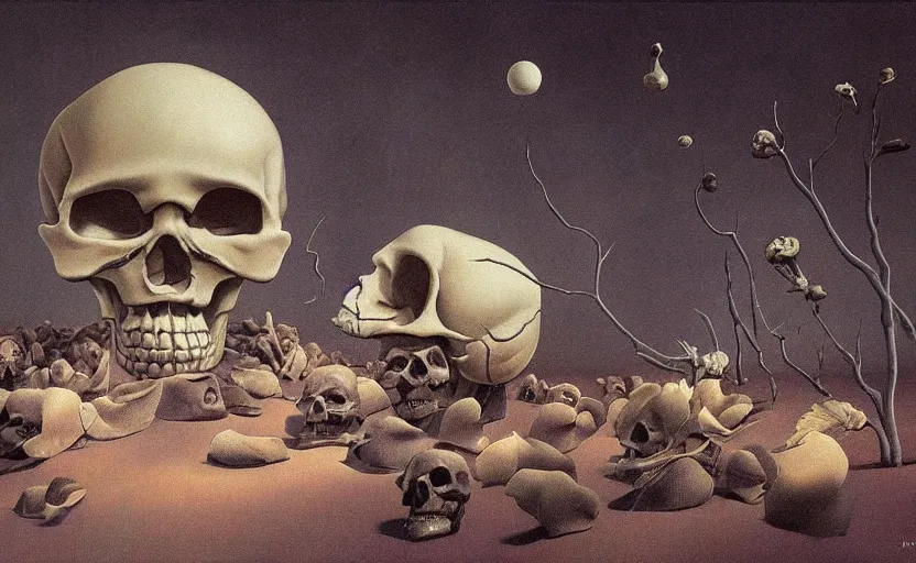 Image similar to a surrealistic painting of the slate theory origin and a human skull, in the style of rene magritte and zdzislaw beksinski and mark ryden, digital art, detailed masterpiece