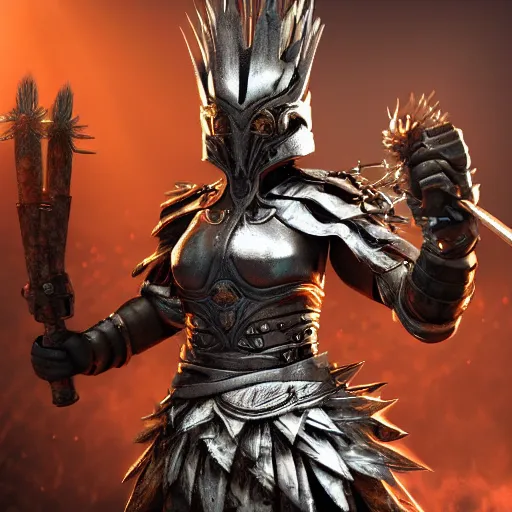 Prompt: female warrior with spiky armour with a mace, highly detailed, dramatic lighting, cinematic, 4k