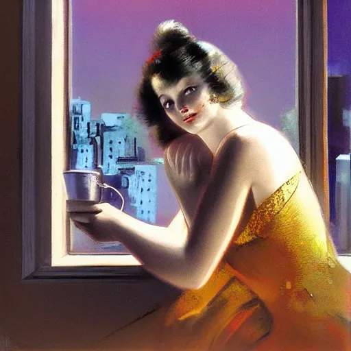 Image similar to “ a girl holding a cup of coffee looking out a window overlooking the east village in new york city, morning light, by rolf armstrong ”