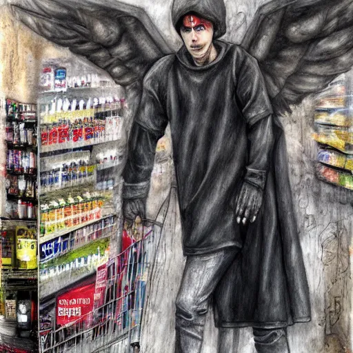 Prompt: a fallen angel stands at the checkout in the supermarket, mixed media, charcoal and acrylic paints, by enki Bilal, hyper realistic