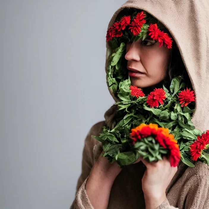 Image similar to a closeup of a woman wearing a hood made of wire and zinnias, in an abandoned office building, canon eos c 3 0 0, ƒ 1. 8, 3 5 mm, 8 k, medium - format print